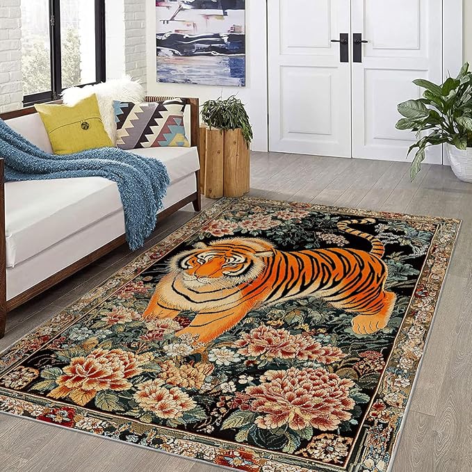 8x10 Tiger Area Rugs Boho Tiger Rug for Living Room Indoor Soft Non-Slip Thin Large Carpet Vintage Rugs for Bedroom Home Decor Under Table Washable Machine