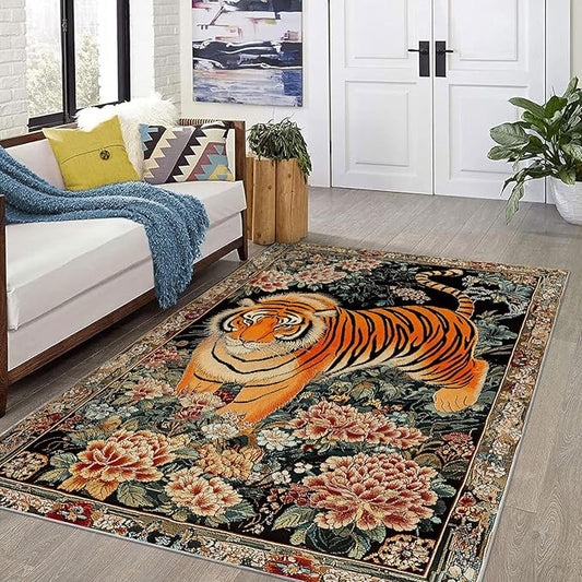 8x10 Tiger Area Rugs Boho Tiger Rug for Living Room Indoor Soft Non-Slip Thin Large Carpet Vintage Rugs for Bedroom Home Decor Under Table Washable Machine