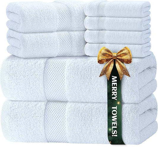 Luxury White Bath Towel Set of 8 Pieces - 100% Turkish Cotton 700 GSM Highly Absorbent Towels for Bathroom, 2 Bath Towels, 2 Hand Towels, 4 Washcloths