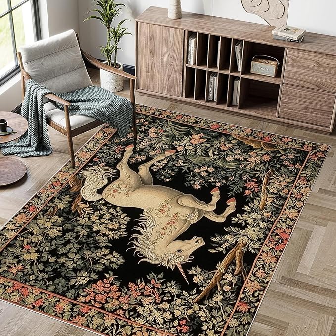 8x10 Unicorn Area Rugs Boho Floral Botanical Rug for Living Room Indoor Soft Non-Slip Thin Vintage Large Carpet Black Rugs for Bedroom Home Decor Under Table Washable Machine