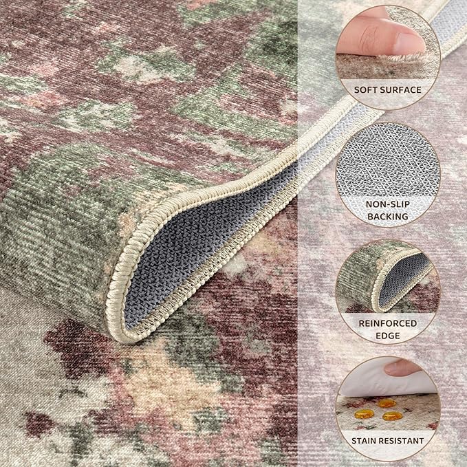 8x10 Area Rug Living Room Rugs - Washable Neutral Modern Abstract Soft Thin Rug Indoor Floor No Slip Rug Carpet for Bedroom Under Dining Table Home Office Decor - Purple/Green/Beige