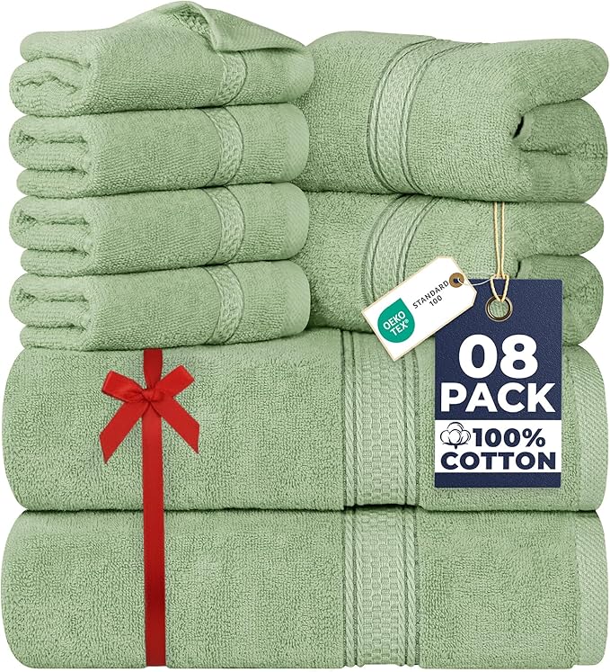 Utopia Towels 8 Piece Premium Towel Set, 2 Bath, 2 Hand, and 4 Wash Cloths, 600 GSM 100% Ring Spun Cotton, Highly Absorbent Towels for Bathroom, Gym, Hotel, and Spa, Sage Green