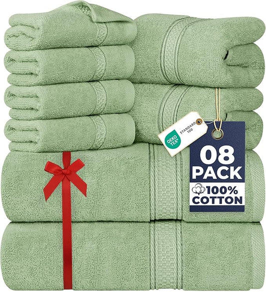 Utopia Towels 8 Piece Premium Towel Set, 2 Bath, 2 Hand, and 4 Wash Cloths, 600 GSM 100% Ring Spun Cotton, Highly Absorbent Towels for Bathroom, Gym, Hotel, and Spa, Sage Green