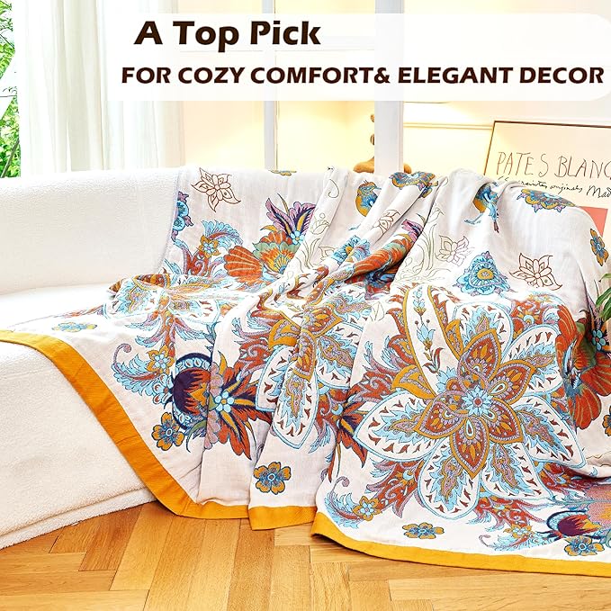 Boho Throw Blanket, 100% Organic Cotton Breathable Skin-Friendly Ultra Soft Bed Quilt Throw - All Season Floral Bird Farmhouse Décor Luxury Blanket for Sofa Couch Chair and Gift. 50" x 60"