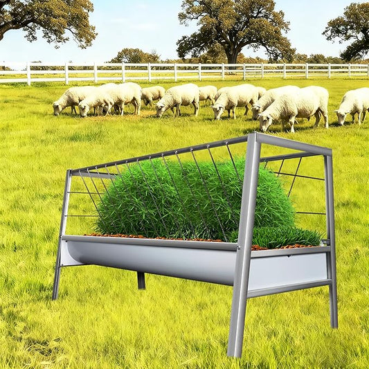 2-in-1 Goat Hay Feeder, Galvanized Steel Livestock Hay Feeder with 30 Gallon Feeding Pan, Detachabe Hay Rack for Sheep, Cow & Horse, Easy to Assemble, Silver