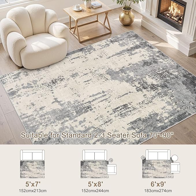 5x7 Area Rug Living Room Rugs - Washable Neutral Modern Abstract Soft Thin Rug Indoor Floor No Slip Rug Carpet for Bedroom Under Dining Table Home Office Decor - Grey/Light Brown