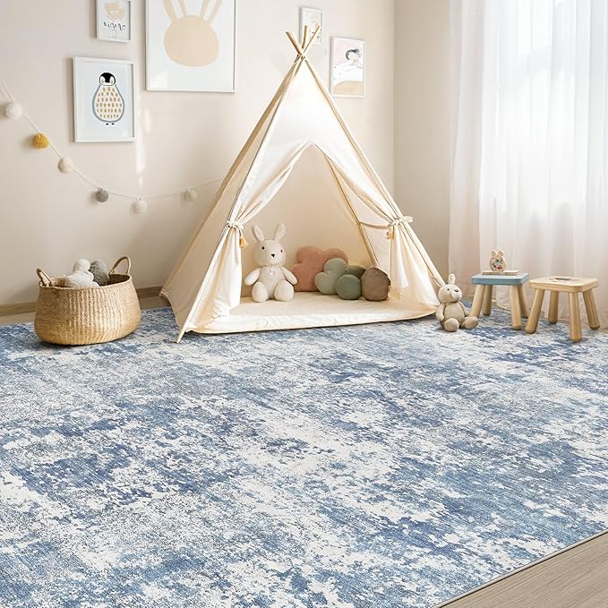 10x14 Area Rug Living Room Rugs - Washable Neutral Modern Abstract Soft Thin Rug Indoor Floor No Slip Rug Carpet for Bedroom Under Dining Table Home Office Decor - Blue White