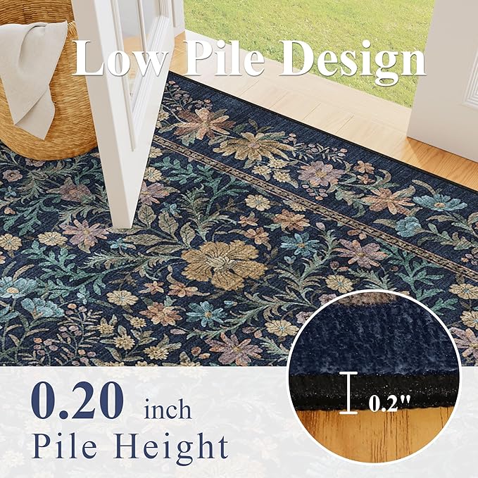 DUKINO 6x9 Rugs for Living Room, Vintage Washable Rug with Non Slip Backing, Floral Low Pile & Non-Shedding Large Area Carpets for Bedroom, Dining Room, Farmhouse, Home Office, Dark Blue