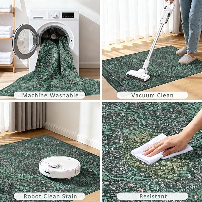 Dark Green Area Rug 6x9 Machine Washable Rug for Living Room,Entryway Bedroom Farmhouse Nursery Home Office，Low Pile Stain & Slip Resistant Large Dark Green Carpet for Bedroom