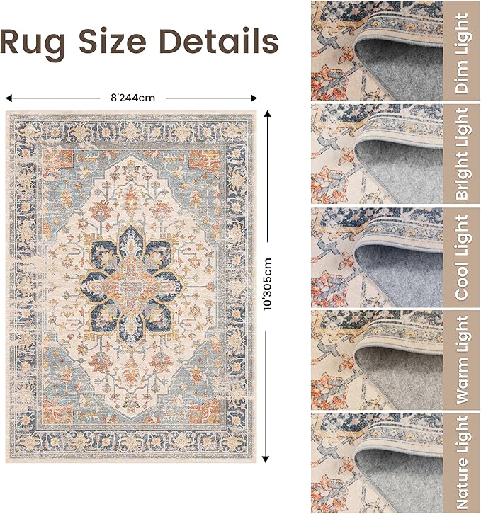 Rugland 8x10 Area Rugs - Stain Resistant Washable Rug, Anti Slip Backing Rugs for Living Room, Vintage Tribal Area Rugs (TPR11-Blue, 8'x10')