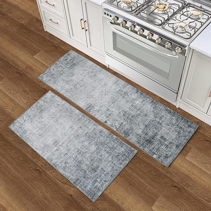 Wyatt & Ash Blue Hazen Abstract Imagine Printed Chenille 2' x 6' Runner Rug / 2' x 4' Accent Rug Non Skid & Machine Washable Rugs 2 Piece Set
