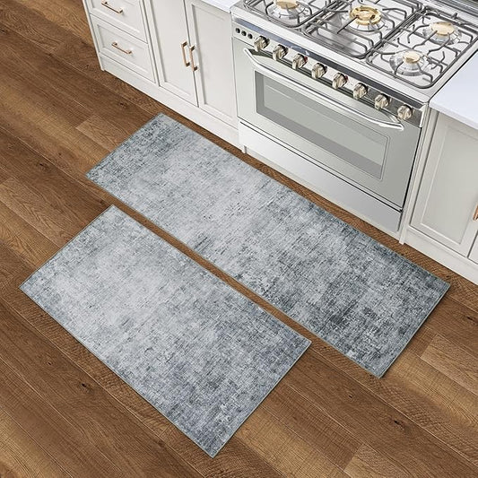 Wyatt & Ash Blue Hazen Abstract Imagine Printed Chenille 2' x 6' Runner Rug / 2' x 4' Accent Rug Non Skid & Machine Washable Rugs 2 Piece Set