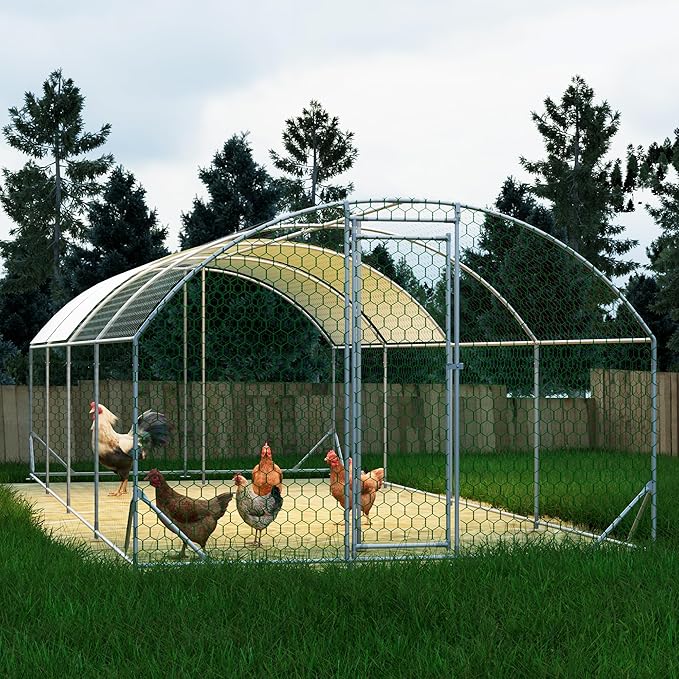 Large Metal Chicken Coop, Walk-in Chicken Run Cages with Waterproof and Anti-Ultraviolet Cover for Outside(10' L x 26 W x 6.56' H) Dome Top