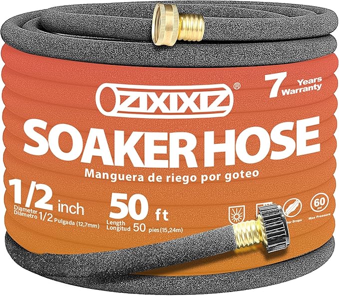 50FT Heavy-Duty 1/2 Inch Soaker Hose with 3/4 Inch Solid Brass Connector - Leakproof Garden Watering System for Gardens, Lawns, Flower & Vegetable Beds