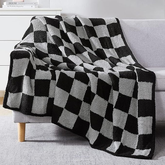 WRENSONGE Checkered Throw Blanket, Black Grey Checkered Soft Cozy Fluffy Warm Hand Made Throw Blankets for Couch, Sofa, Chair, Bed, Picnic,Travel Lightweight Bed Blankets for Men