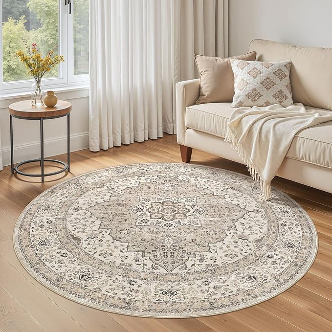 Washable 5 Ft Round Area Rug - 5x5 Area Rugs for Living Room Bedroom Dining Room Home Office Floor Decor- Vintage Floral Stain & Fade Resistant Non-Slip Backing Carpet(Brown/Beige)