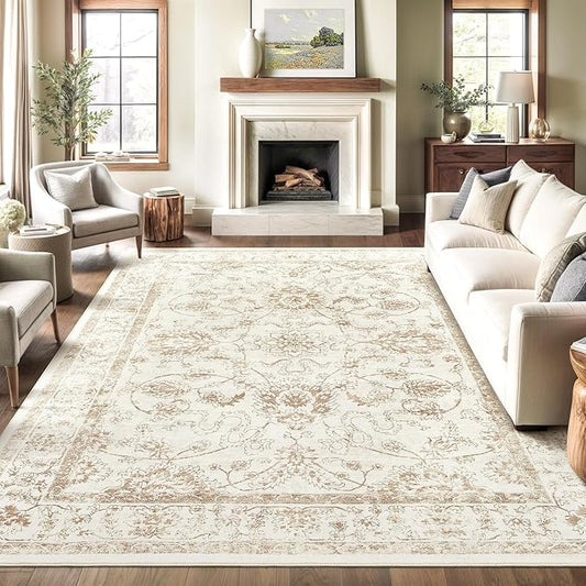 Madane Washable 6x9 Area Rugs for Living Room, Vintage Natural Rug with Non-Slip Backing, Soft Stain Resistant Throw Rugs Thin Carpet for Bedroom Dining Room Farmhouse (6 x 9, Wood/Ivory)