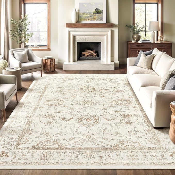 Madane 8x10 Area Rugs for Living Room, Machine Washable Vintage Rug with Non-Slip Backing, Soft Floral Print Large Throw Rugs, Thin Carpet for Bedroom Dining Room Farmhouse (8 x 10, Wood/Ivory)