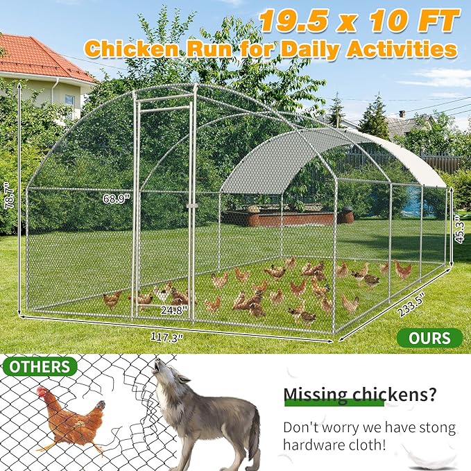 VINGLI Chicken Coop, Large Metal Poultry Cage for Chicken Run, Walk-in Chicken Pen with Waterproof & Anti-UV Cover Outdoor (Silver-Dome Roof, 19.7 * 9.8 * 6.5 ft)