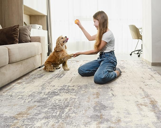 8x10 Area Rug Living Room Rugs - Washable Neutral Modern Abstract Soft Thin Rug Indoor Floor No Slip Rug Carpet for Bedroom Under Dining Table Home Office Decor - Light Brown/Gray