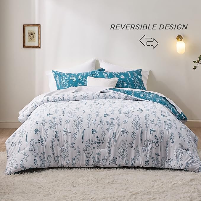 Bedsure King Comforter Set - Teal Blue Bed Set, 3 Pieces Cute Floral Bedding, 1 Soft Reversible Botanical Flowers Comforter and 2 Pillow Shams