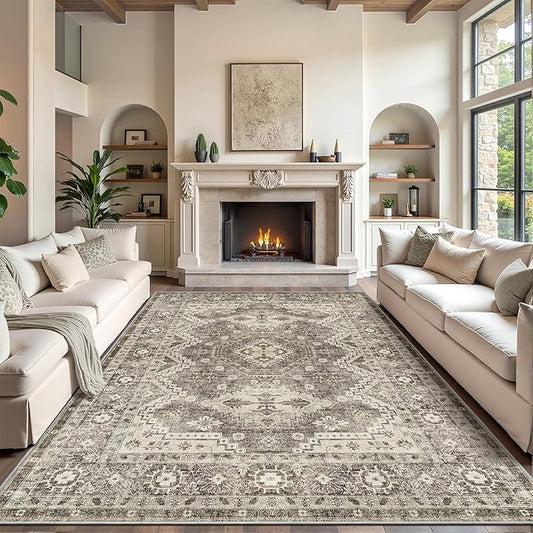 Rugland 8x10 Area Rugs - Stain Resistant Washable Rug, Anti Slip Backing Rugs for Living Room, Vintage Tribal Area Rugs (TPR07-Ivory, 8'x10')