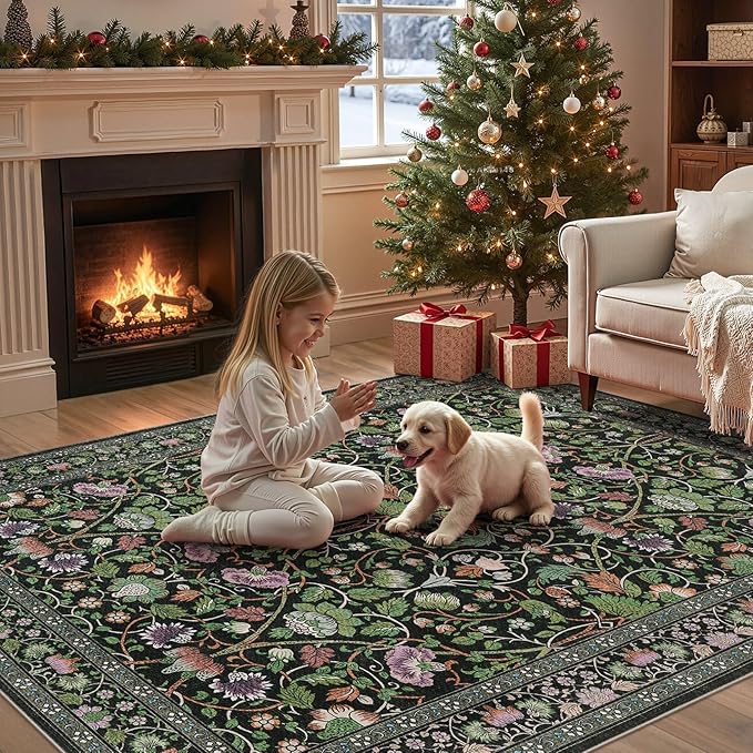 6x9 Area Rug Living Room Rugs - Washable Boho Vintage Floral Large Soft Non Slip Thin Rug Low Pile Carpet for Bedroom Dining Room Kids Playroom Office Decor Indoor- Green Dark