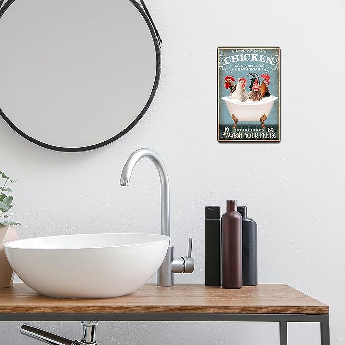 Fun Chicken Bathroom Sign - Bathtub & Wall Decor - Retro 8x12 Inch