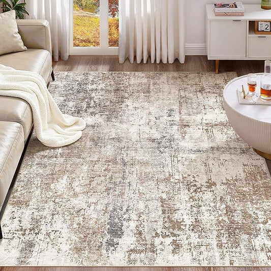 Area Rug Living Room Rugs - Washable Neutral Modern Abstract Soft Thin Rug Indoor Floor No Slip Rug Carpet for Bedroom Under Dining Table Home Office Decor - Brown/Grey/Red - 5x7