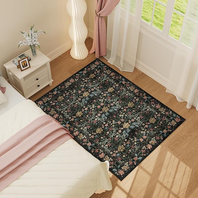 DUKINO 4x6 Rugs for Living Room, Lightweight Non Slip Washable Rug with Low Pile Design, Vintage Floral Non-Shedding Soft Carpet for Living Room, Bedroom, Farmhouse, Office, Bathroom, Black