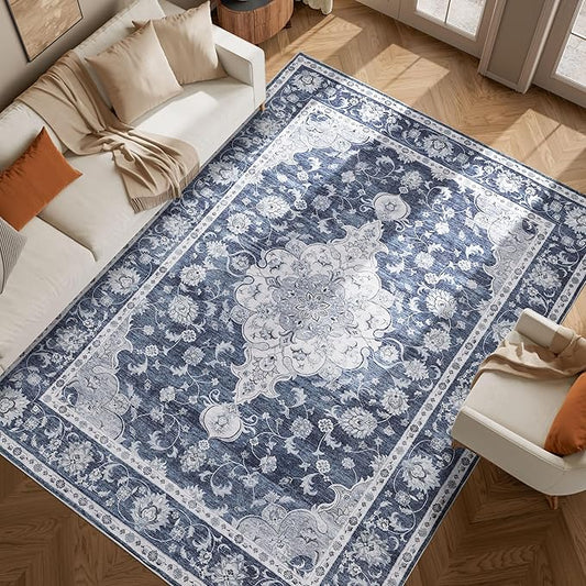 DUKINO 9x12 Area Rugs, Non Slip Distressed Living Room Rugs, Soft Large Washable Area Rugs with Low Pile & No Shedding, Faux Wool Rugs for Bedroom Aesthetic, Dining Room, Blue