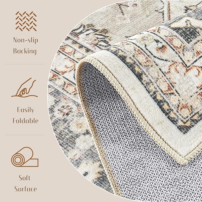 2x3 Washable Entryway Rug: Non-Slip Soft Indoor Throw Small Vintage Floral Area Rug for Kitchen Bedroom, Low Pile Durable Carpet for Front Door Porch Floor Doormat Home Decor (Camel/Beige)