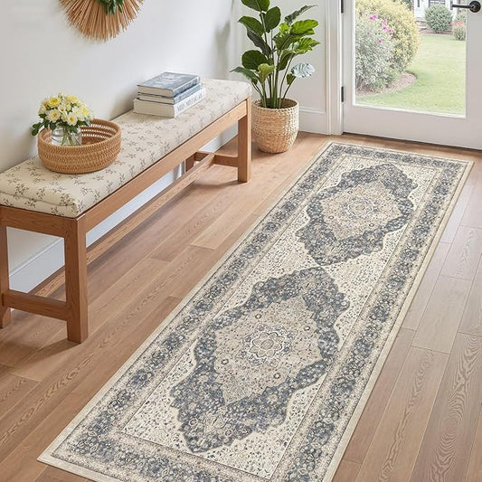 Washable Rug 3x8 Hallway Runner Rug-for Entryway Bedroom Kitchen Room Corridor Decor -Stain & Fade Resistant Non Slip Backing Carpet,Ultra-Thin Vintage Long Carpets(Blue/Beige)