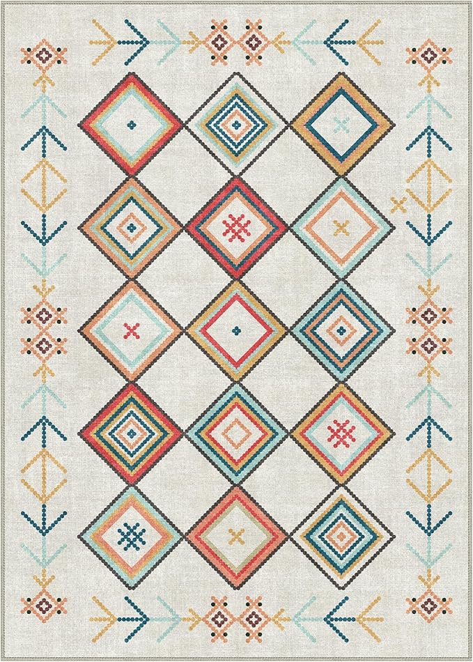 GENIMO Machine Washable 3x5 Area Rugs for Living Room, Non Slip Vintage Rugs, Low Pile Lightweight Chenille Print Rug for Bedroom, Dining Room, Home Office, Rainbow