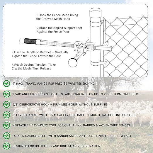 Chain Link Fence Stretcher Tool, Wire Puller Stretcher & Fence Tightener for Barbed & Woven Wire Fence, 9″ Ratchet Range, Easy One-Person Operation for Farm & Yard Projects