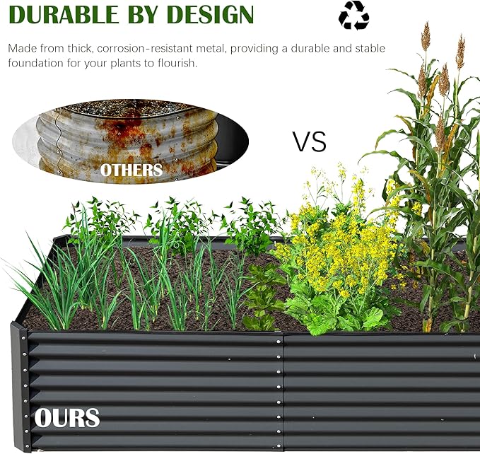 Domi 8x4x2ft Metal Raised Garden Beds Outdoor, Thickened Galvanized Steel Deep Root Planter Box with Stabilizing Bars & Rubber Edging for Vegetables, Flowers, Herbs - Dark Gray