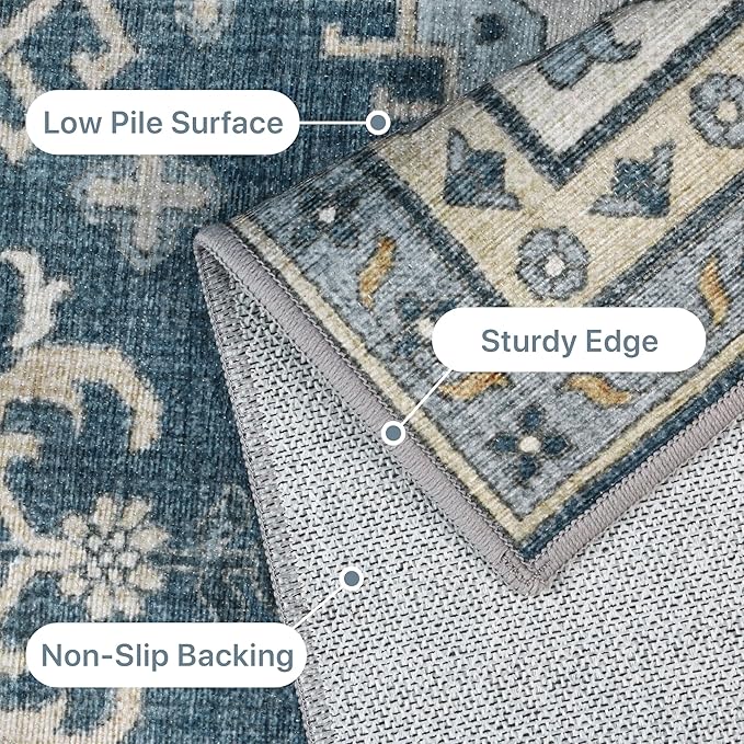 GENIMO Machine Washable 8x10 Area Rugs for Living Room, Non Slip Vintage Rugs, Low Pile Lightweight Chenille Print Rug for Bedroom, Dining Room, Home Office, Blue