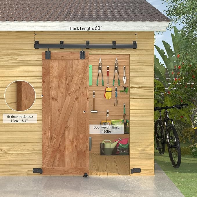 5FT Black Box Rail Exterior Barn Door Hardware Kit, Sliding Heavy Duty Barn Door Track, Wall Mount Barn Door Hardware with 5 Track Brackets(Doors NOT Include）