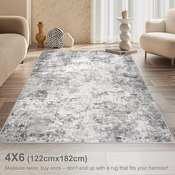 4x6 Area Rug Living Room Rugs - Washable Neutral Modern Abstract Soft Thin Rug Indoor Floor No Slip Rug Carpet for Bedroom Under Dining Table Home Office Decor - Grey