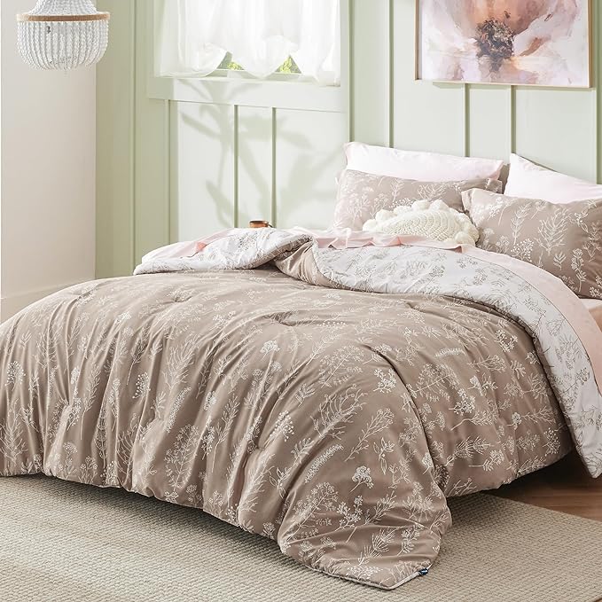Bedsure King Comforter Set - Light Taupe Bed Set, 3 Pieces Cute Floral Bedding, 1 Soft Reversible Botanical Flowers Comforter and 2 Pillow Shams