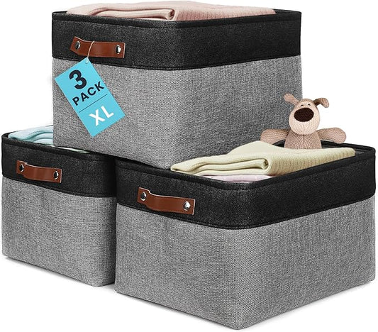 OrganiHaus Extra Large Fabric Storage Baskets for Shelves 3 Pack, 16x13in Closet Storage Bins for Shelves, Canvas Baskets for Organizing, Linen Closet Organizers, Cloth Basket, Gray/Black