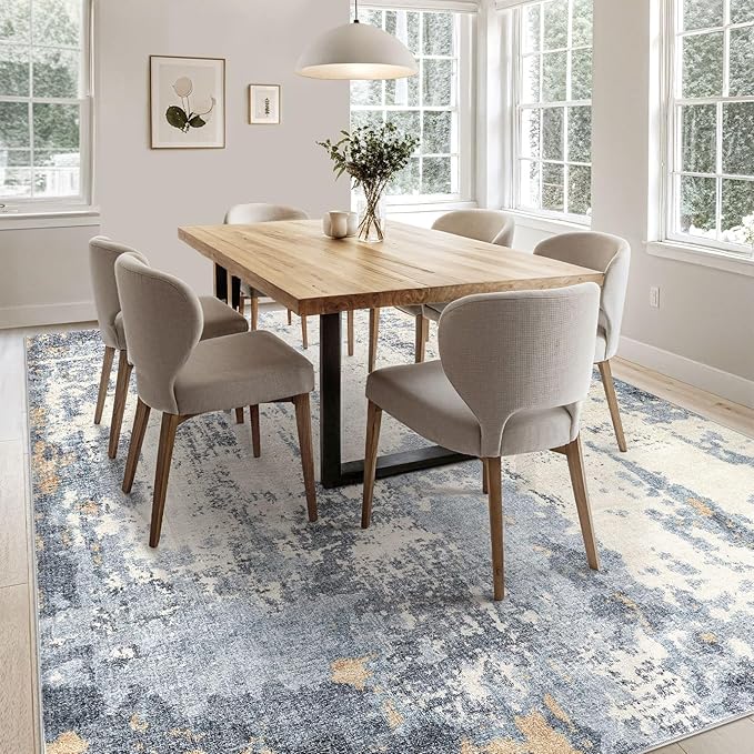 6x9 Area Rug Living Room Rugs - Washable Neutral Modern Abstract Soft Thin Rug Indoor Floor No Slip Rug Carpet for Bedroom Under Dining Table Home Office Decor - Blue/Light Brown