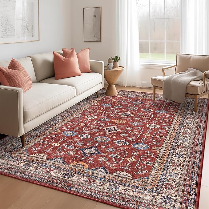 Rugland 5x7 Area Rugs - Stain Resistant Washable Rug, Anti Slip Backing Rugs for Living Room, Vintage Tribal Area Rugs(Burgundy, 5'x7')