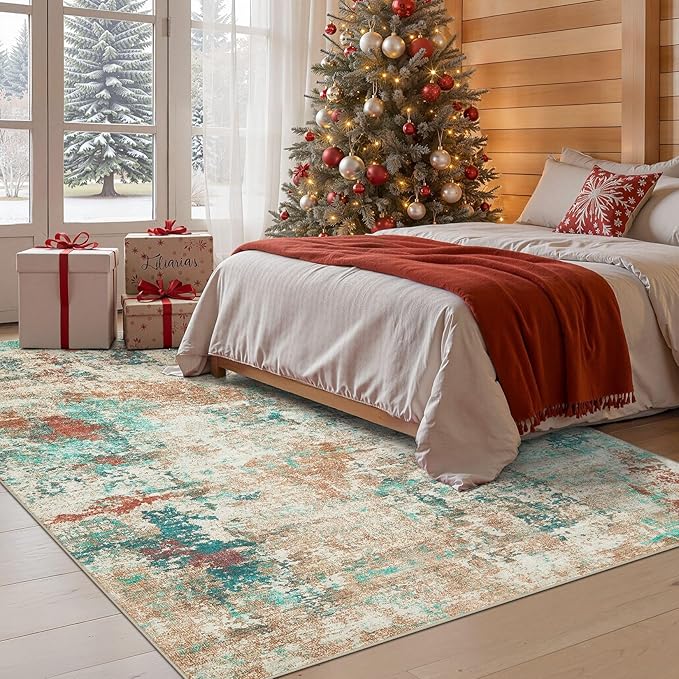 5x7 Christmas Area Rug Living Room Rugs - Washable Neutral Modern Abstract Soft Thin Large Rug Indoor Floor No Slip Rug Carpet for Bedroom Under Dining Table Home Office Decor - Colorful