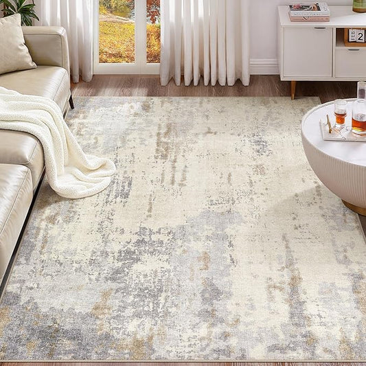 5x8 Area Rug Living Room Rugs - Washable Neutral Modern Abstract Soft Thin Rug Indoor Floor No Slip Rug Carpet for Bedroom Under Dining Table Home Office Decor - Light Brown/Gray