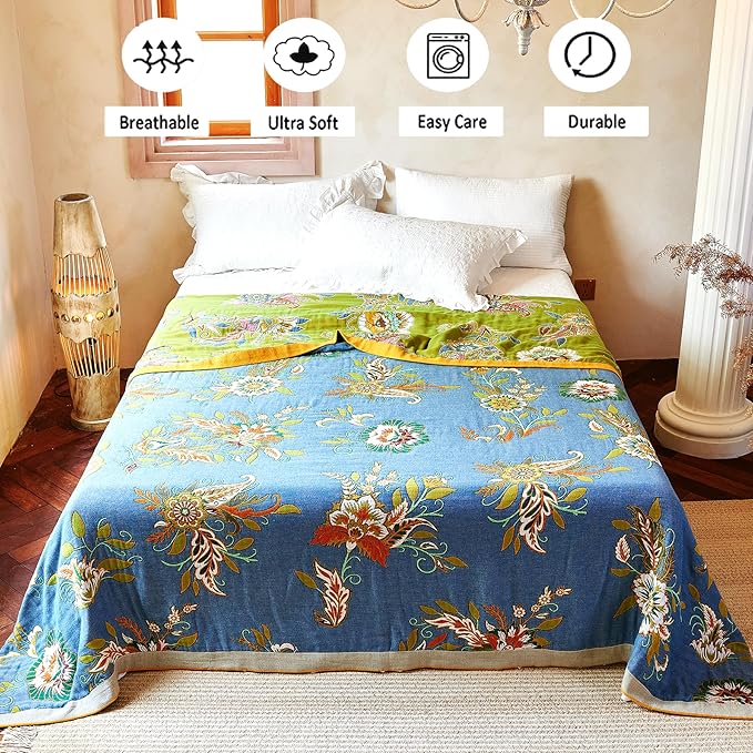 Boho Throw Blanket 50" x 60", 100% Organic Cotton Breathable Ultra Soft Bed Quilt Throw - All Season Luxury Floral Farmhouse Decor Blanket for Sofa Couch Chair and Gift. Green/Blue
