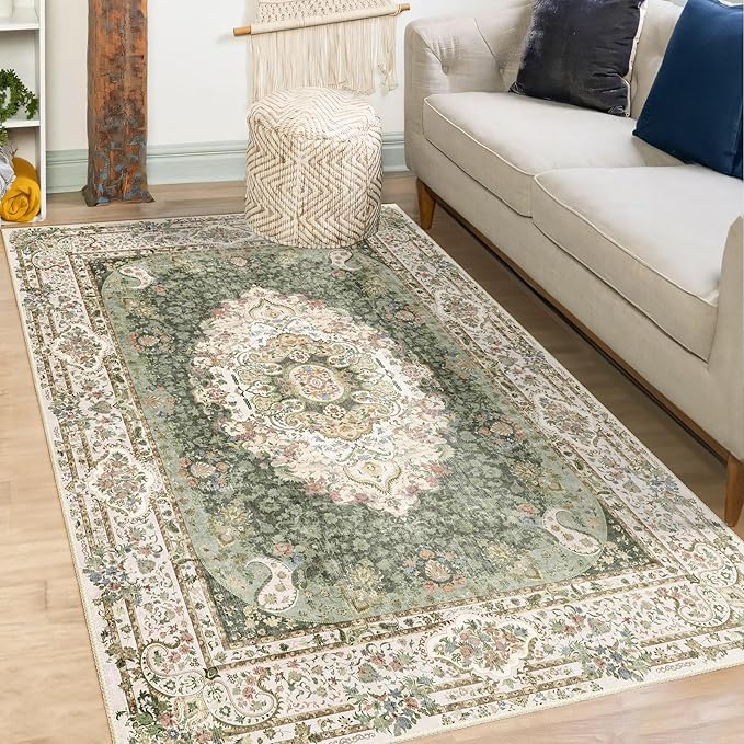 Green Rug 3x5,Washable Area Rugs for Bedroom Living Room Kitchen Entryway,Small Boho Vintage Bohemian Distressed Non Slip Carpet,Floral