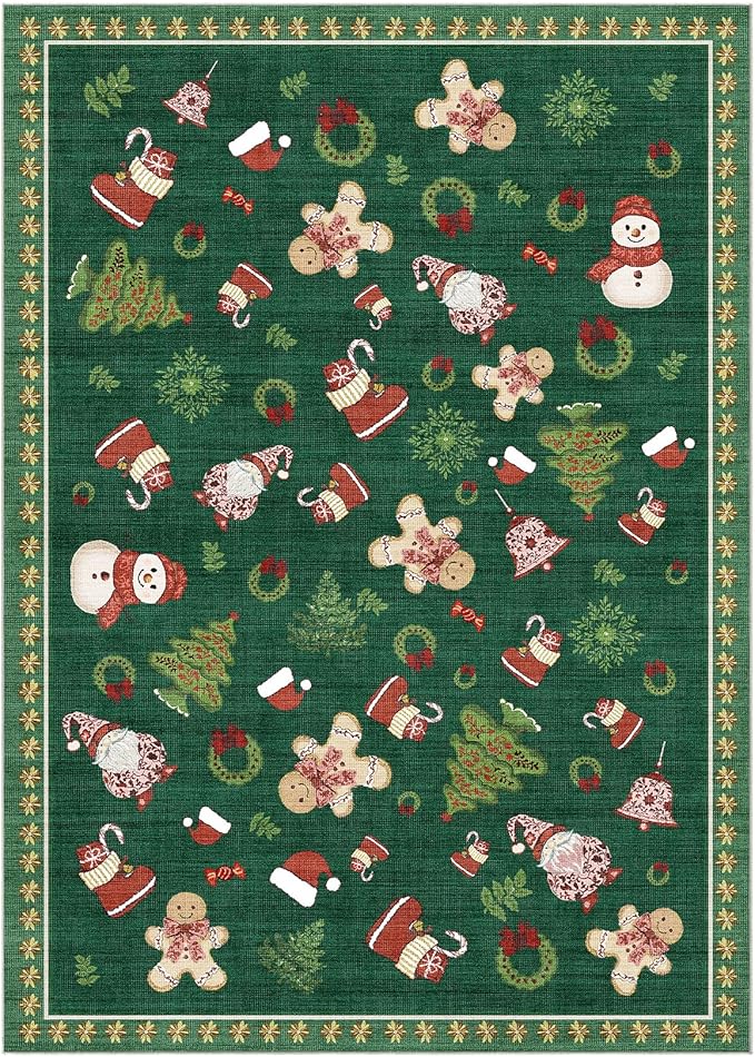 Washable Christmas Area Rug: 3x5 Neutral Modern Festive Carpet - Non-Slip Soft Thin Low Pile Throw Indoor Rugs for Bedroom Kitchen Entrance Living Room - Christmas Green