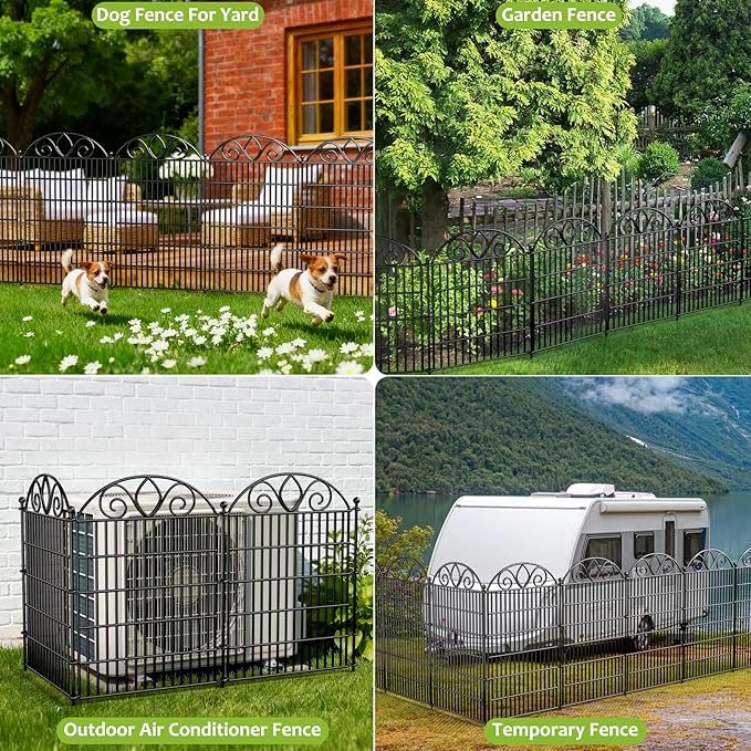 10 Panels No Dig Decorative Garden Fence with Gate – 28" H X 19.6' L Rustproof Metal Dog Fence Outdoor for Yard, Animal Barrier Fence for Pet, Garden Border, Patio, Flower | Temporary Fencing