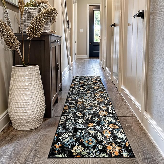 Rugshop Vine Floral Area Rug Modern Area Rug for Living Room, Bedroom, or Entryway Black Multi Runner Rug 2' 3" x 12' Black